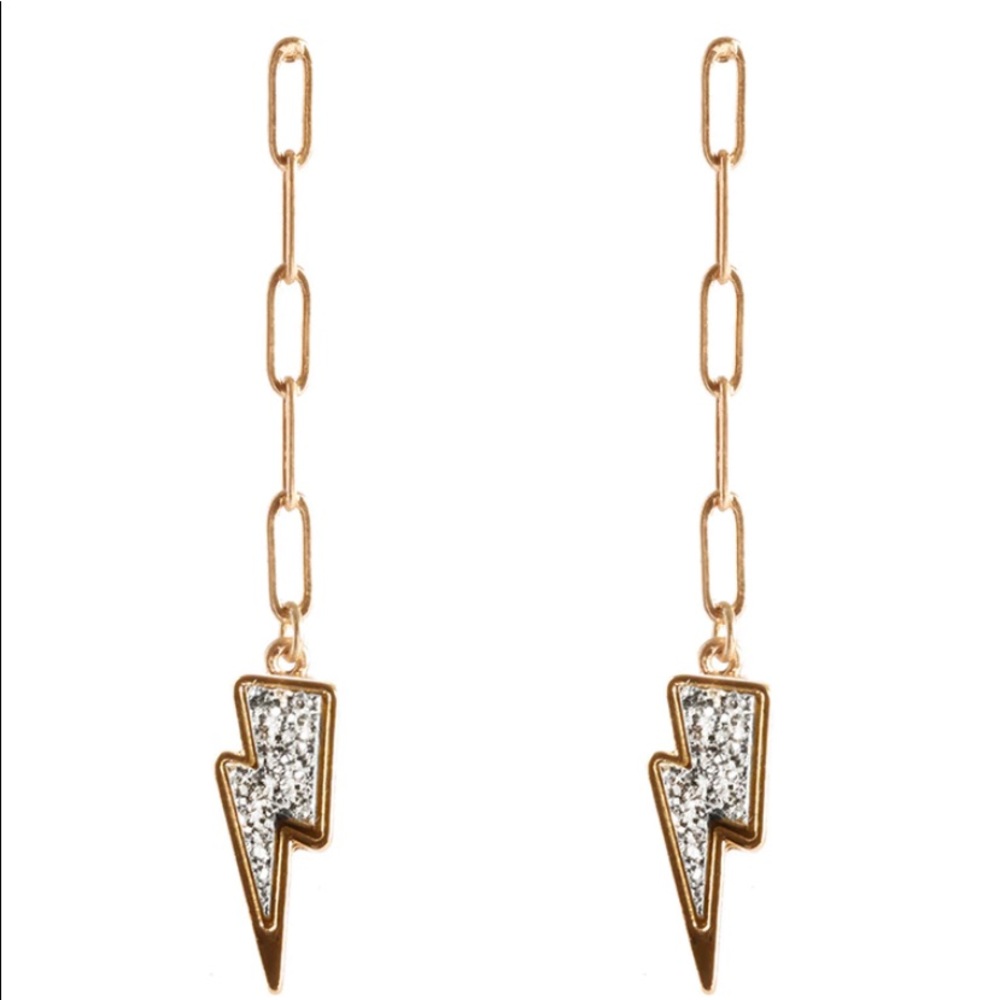 SILVER DRUZY LIGHTNING BOLT & GOLD METAL CHAIN LINK 2.5” DANGLE POST EARRINGS - Picture 4 of 4